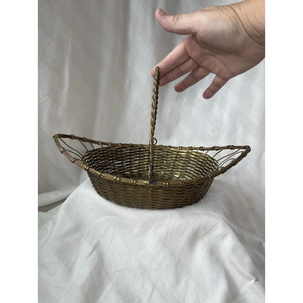 Oval Brass Metal Wire Woven Basket w/ Handle, Made in India, 11in long